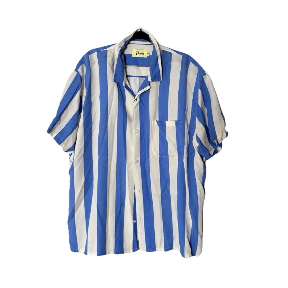 Duvin Blue/White Striped Short Sleeve Button-Up Pocket Tencel Linen – 2XL